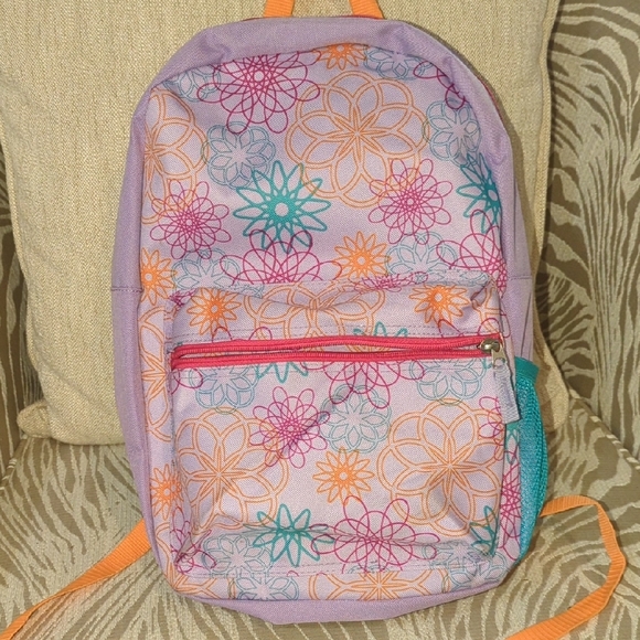 Floral Patterned Backpack with Orange Straps - Picture 1 of 14